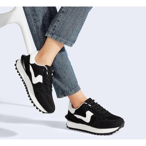 Lucky Step Women Black Tennis Retro Walking Casual Trainer Stylish Durable Shoes - Picture 8 of 9